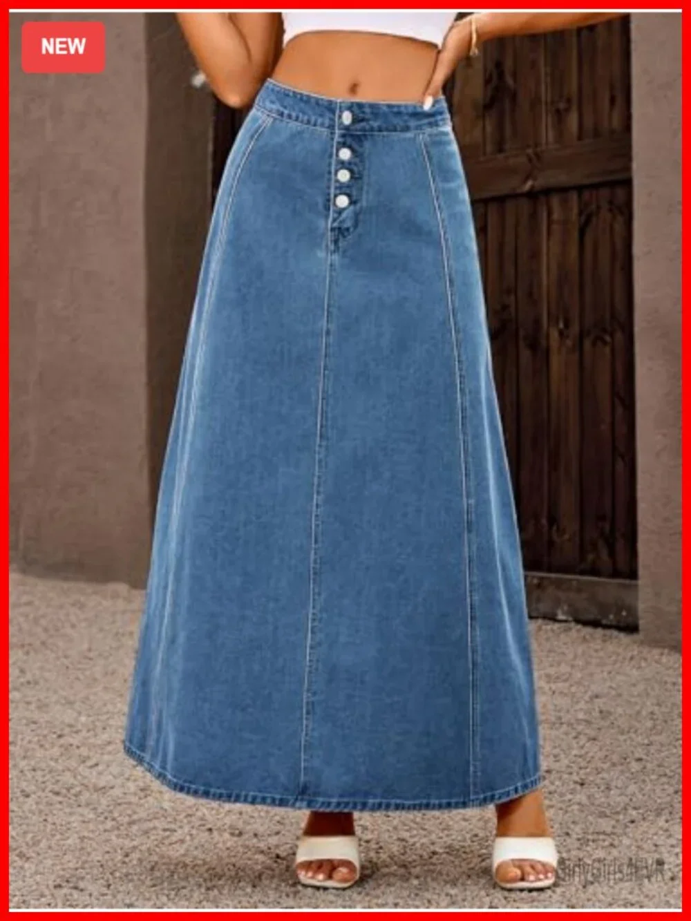 High Waist Denim Maxi Skirt A-Line Flare Stretch with Pockets